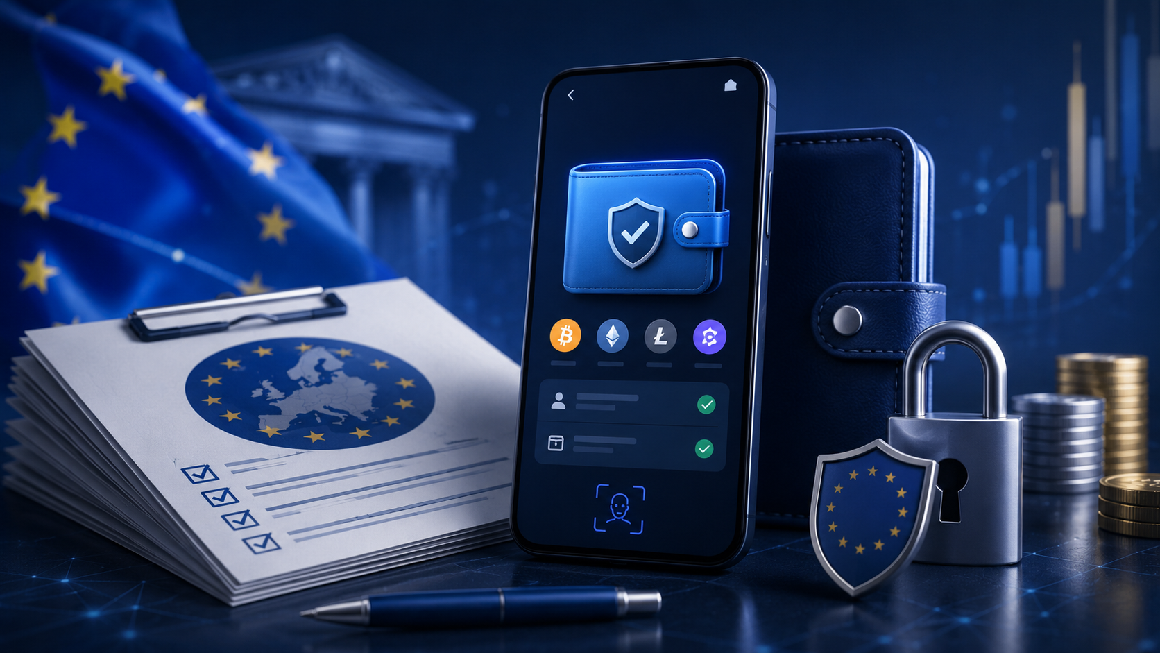 EU flag, compliance checklist and a smartphone showing a verified crypto wallet